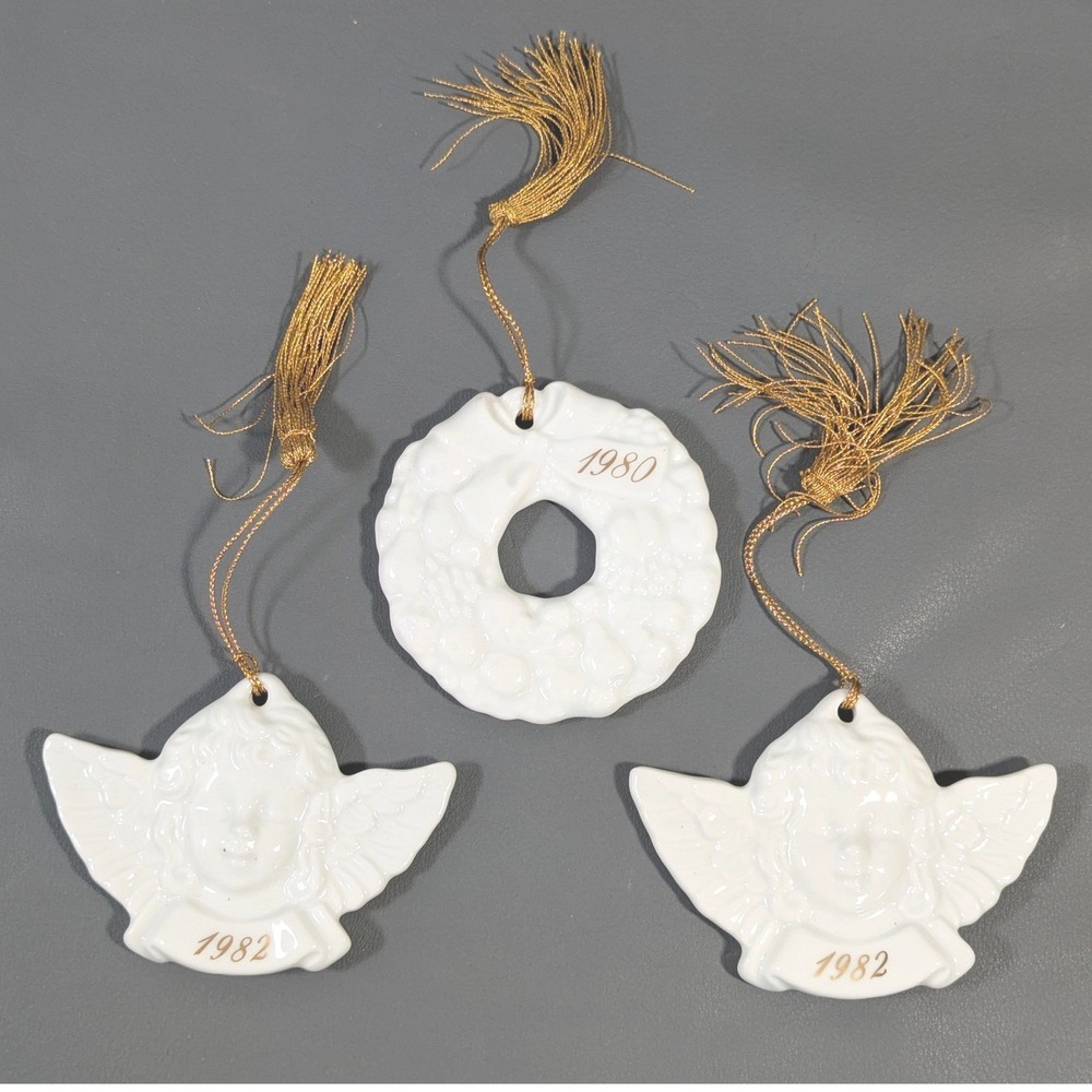Vintage Avon Ceramic Christmas Ornaments 1980 Wreath 1982 Cherub Angel Set of 3